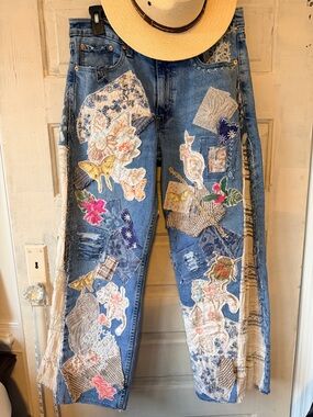Levi's Denim Straight-Leg Jeans with Floral & Patchwork Appliqués